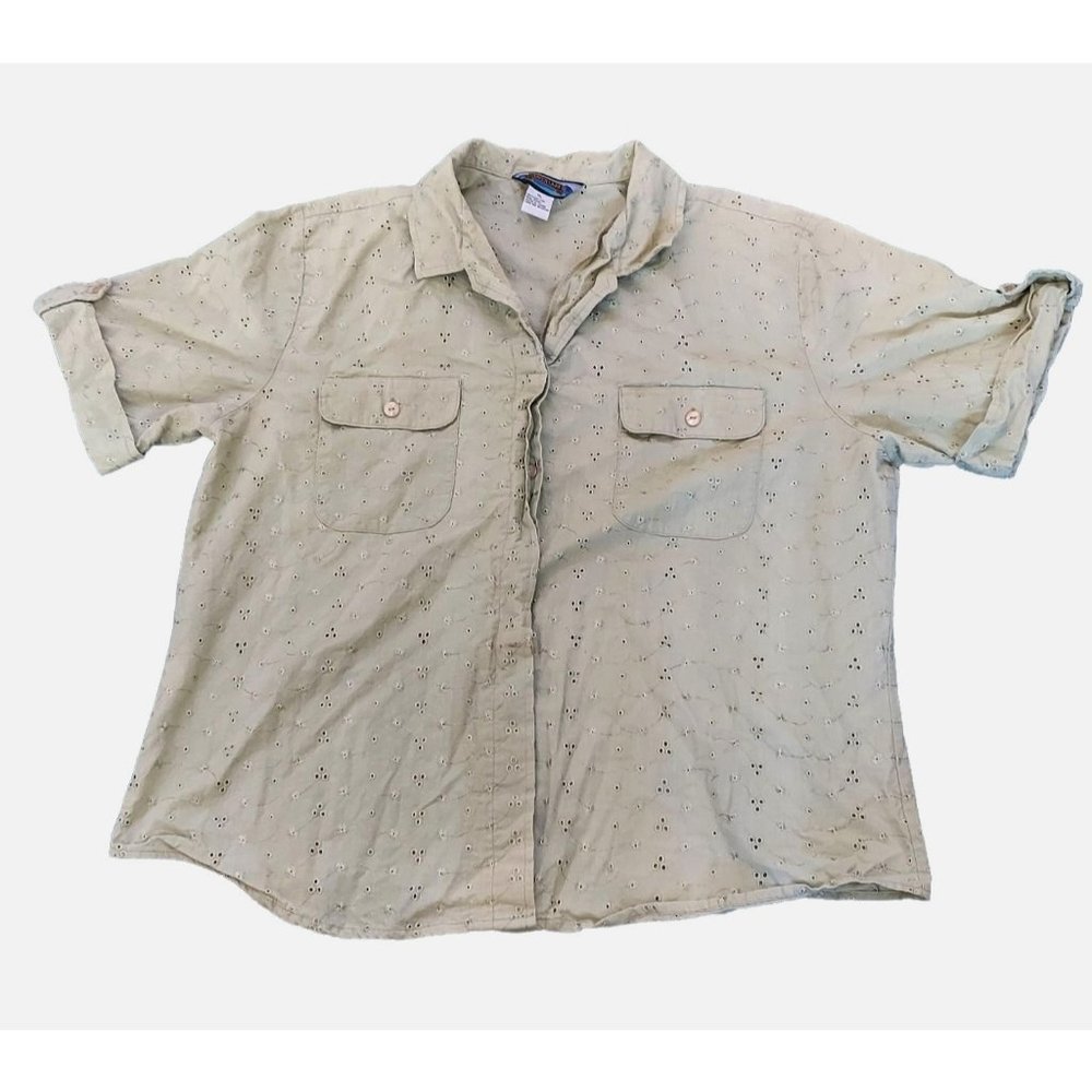 Vintage Shaver Lake Button Up Women's Shirt Roll-Up Short Sleeve Green Size XL